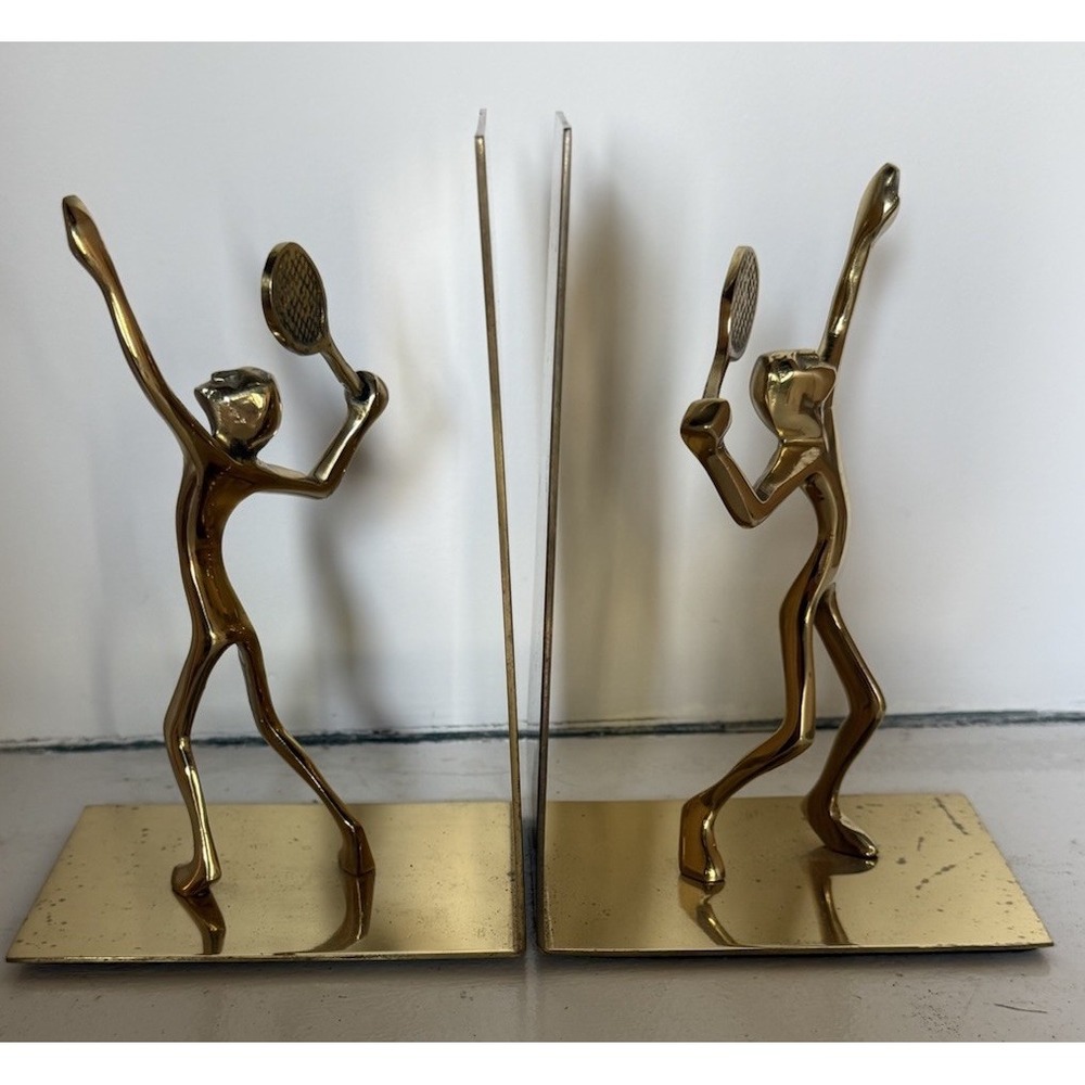 VTG Brass Tennis Player Bookends Pair Modernist Figural Korea MCM 6.5"